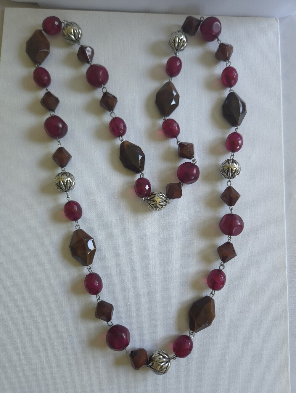 Vintage Long Flapper Chain Necklace, Faceted Cranberry Pink & Faux Agate Lucite